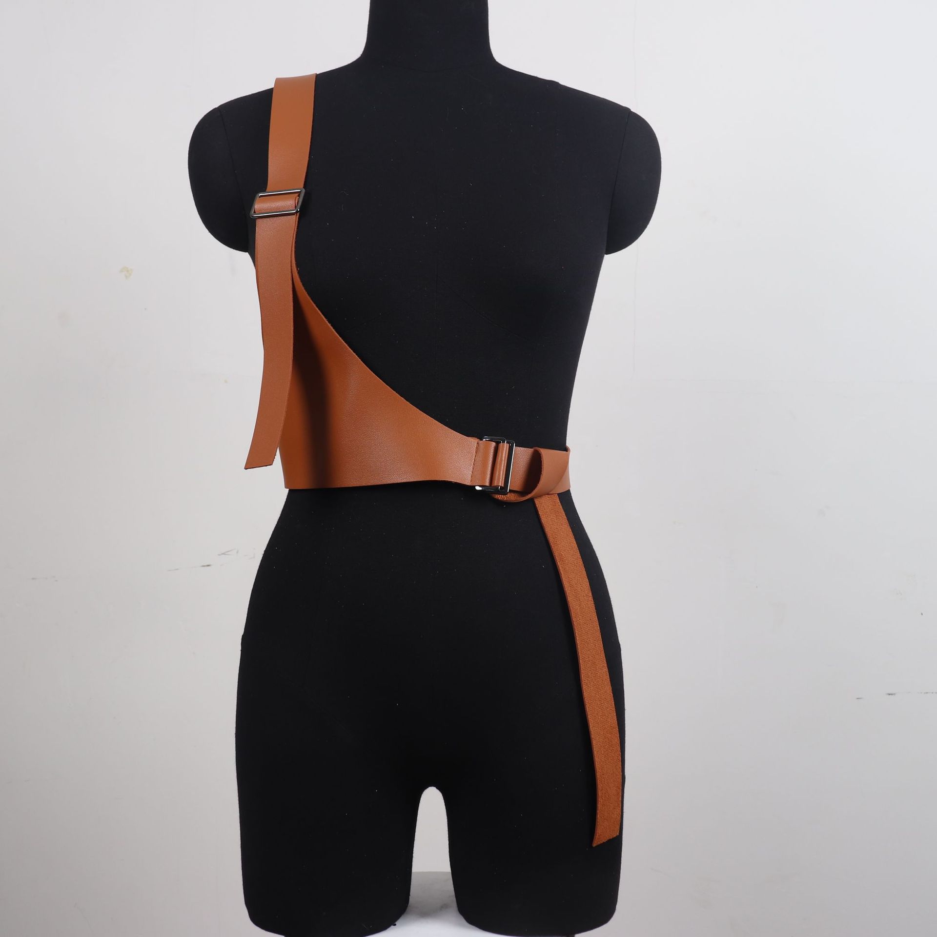Fashion Lady Single Shoulder Corset Vest PU Leather Harajuku Style Asymmetric Slimming Tie Clothing Accessories